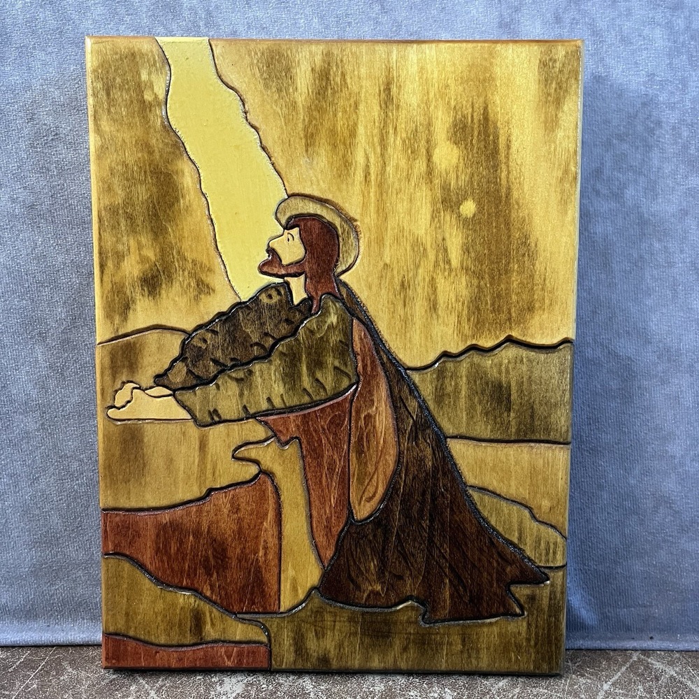 Luigi Wood Inlay Wall Art Gold Jesus Praying Intarsia 2009 Signed Biblical Faith